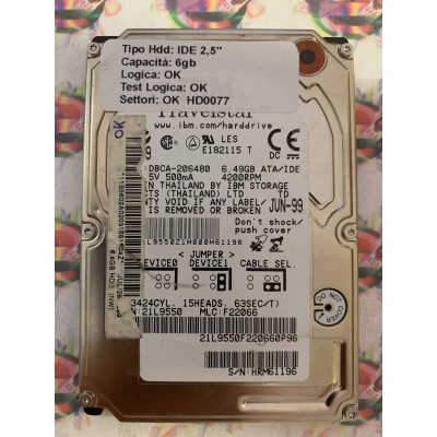 Hard Hard Disk Usato Funzionante 100% Ok IDE 2,5" 6GB IBM DBCA-206480 21L9550 F22066