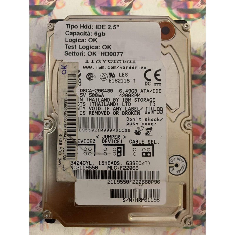 Hard Hard Disk Usato Funzionante 100% Ok IDE 2,5" 6GB IBM DBCA-206480 21L9550 F22066