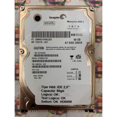 Hard Hard Disk Usato Funzionante 100% Ok IDE 2,5" 80GB SEAGATE ST9808210A 9AH233-020 3.02 06255 WU