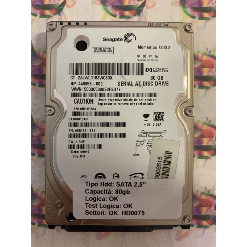 Hard Hard Disk Usato Funzionante 100% Ok SATA 2,5" 80GB SEAGATE ST980813AS 9S5132-621 3.AHE 09047 WU 34