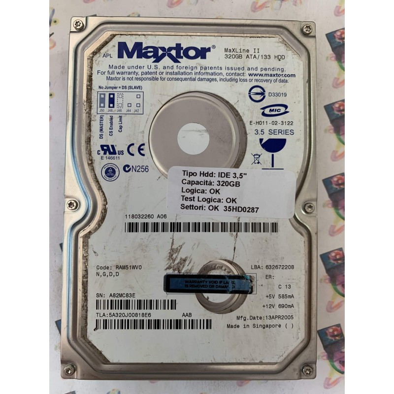 Hard Disk Usato Funzionante 100% Ok IDE 3,5" 320gb MAXTOR MAXLINE II 5A320J00818E6 RAM51WV0 13 APR 2005