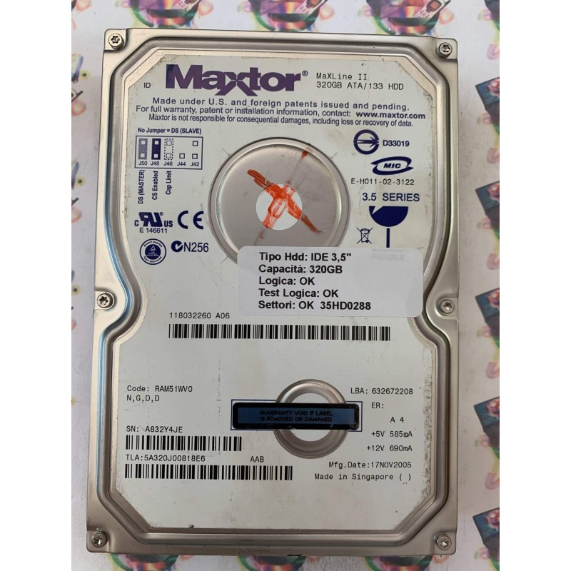 Hard Disk Usato Funzionante 100% Ok IDE 3,5" 320gb MAXTOR MAXLINE II 5A320J00818E6 RAM51WV0 17 NOV 2005