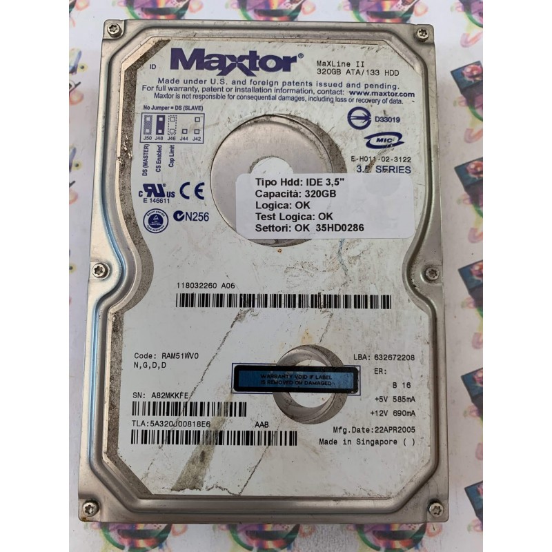 Hard Disk Usato Funzionante 100% Ok IDE 3,5" 320gb MAXTOR MAXLINE II 5A320J00818E6 RAM51WV0 22 APR 2005