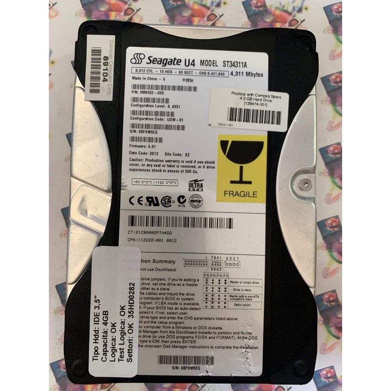 Hard Disk Usato Funzionante 100% Ok IDE 3,5" 4,3gb SEAGATE ST34311A 9M9002-030 6.01 0012 SZ