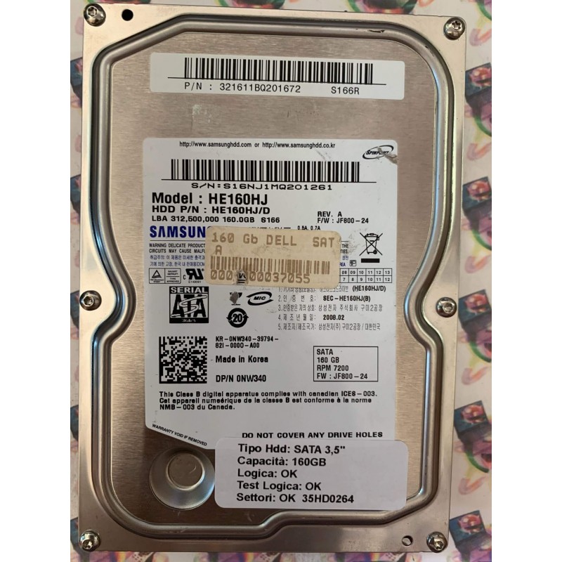 Hard Disk Usato Funzionante 100% Ok SATA 3,5" 160gb SAMSUNG HE160HJ 321611BQ201672 JF800-24 2008.02