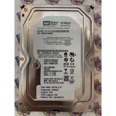 Hard Disk Usato Funzionante 100% Ok SATA 3,5" 160gb WESTERN DIGITAL WD1600AAJS WD1600AAJS-00WAA0 HHNNNTJAH 09 FEB 2008