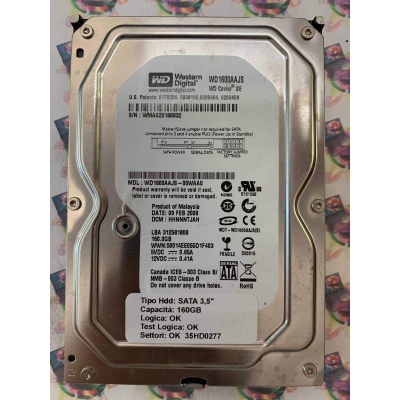 Hard Disk Usato Funzionante 100% Ok SATA 3,5" 160gb WESTERN DIGITAL WD1600AAJS WD1600AAJS-00WAA0 HHNNNTJAH 09 FEB 2008