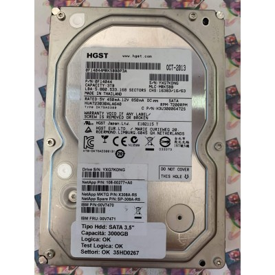 Hard Disk Usato Funzionante 100% Ok SATA 3,5" 3000gb HGST HUA723030ALA640 0F14044 MRK5BB OCT-2013