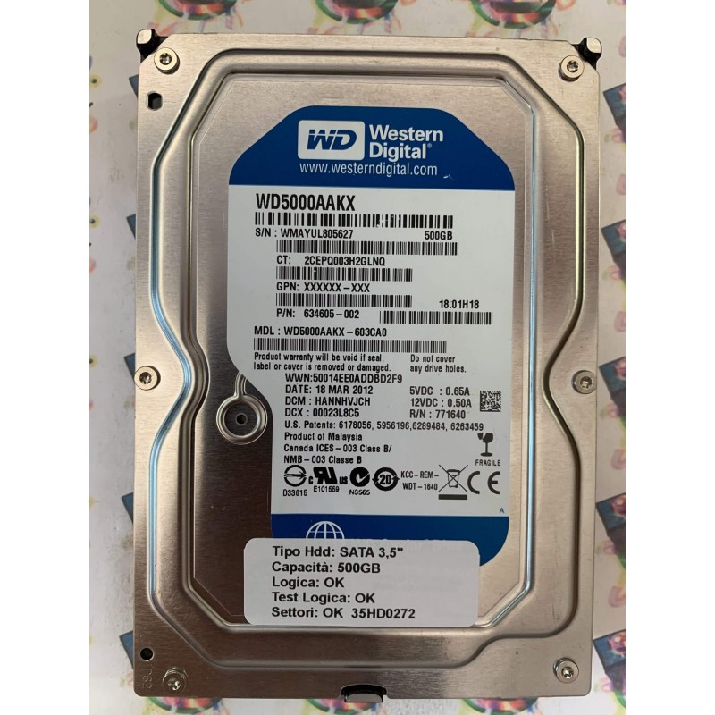 Hard Disk Usato Funzionante 100% Ok SATA 3,5" 500gb WESTERN DIGITAL WD5000AAKX WD5000AAKX-603CA0 HANNHVJCH 00023L8C5 771640 18 