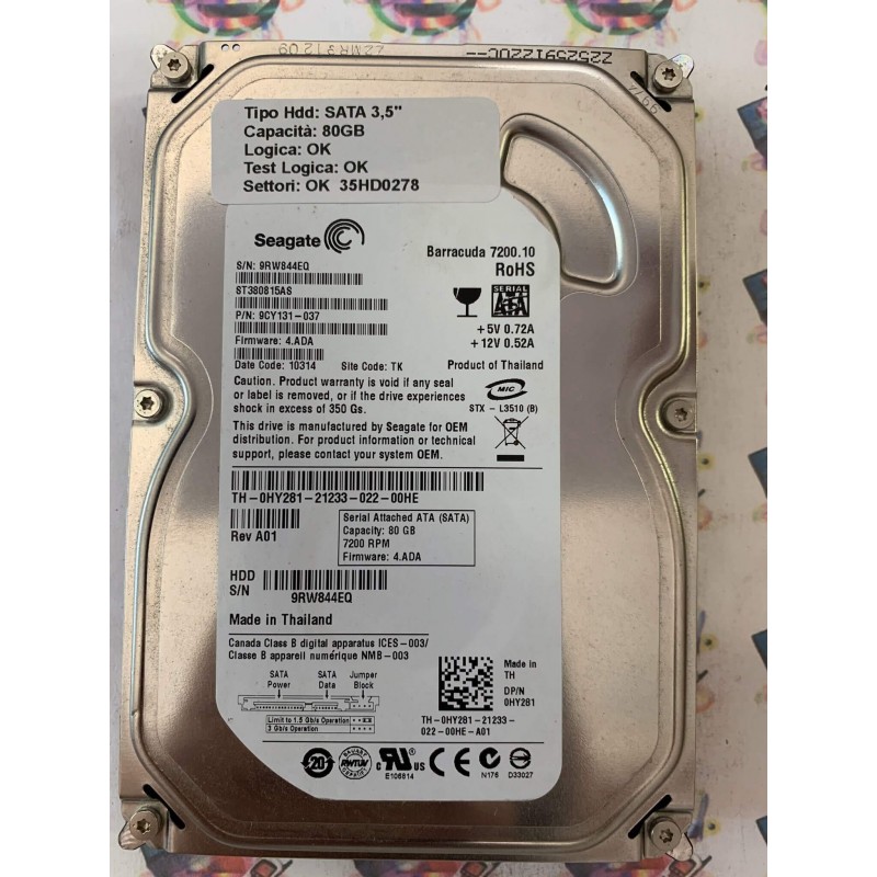 Hard Disk Usato Funzionante 100% Ok SATA 3,5" 80gb SEAGATE ST380815AS 9CY131-037 4.ADA 10314 TK