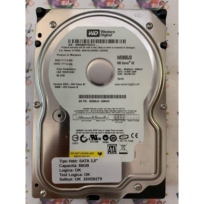 Hard Disk Usato Funzionante 100% Ok SATA 3,5" 80gb WESTERN DIGITAL WD800JD WD800JD-55MUA1 HSCHNTJCH 10 MAY 2008