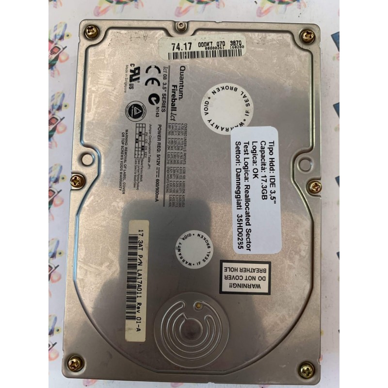 Hard Disk Usato Semifunzionante IDE 3,5" 17,3gb QUANTUM FIREBALL LCT 08 LA17A011 REV 01-A
