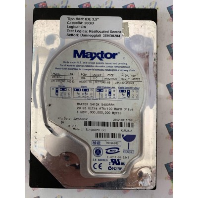 Hard Disk Usato Semifunzionante IDE 3,5" 20gb MAXTOR 2B020H1 11B 09A 11C WAK21R90