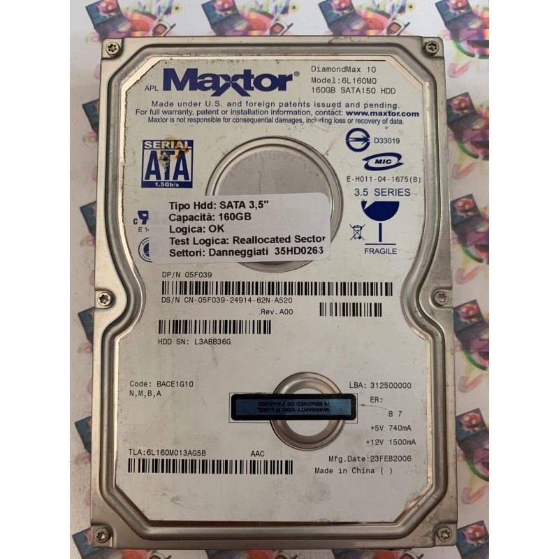 Hard Disk Usato Semifunzionante SATA 3,5" 160gb MAXTOR 6L160M0 6L160M013AG5B BACE1G10 26 FEB 2006