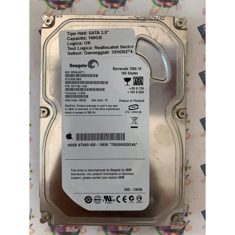 Hard Disk Usato Semifunzionante SATA 3,5" 160gb SEAGATE ST3160815AS 9CY131-042 3.BQA 09032 TK
