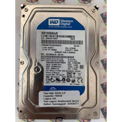 Hard Disk Usato Semifunzionante SATA 3,5" 160gb WESTERN DIGITAL WD1600AAJS WD1600AAJS-08L7A0 HHRNHTJCG 9003LFT72 771590 12 MAR 