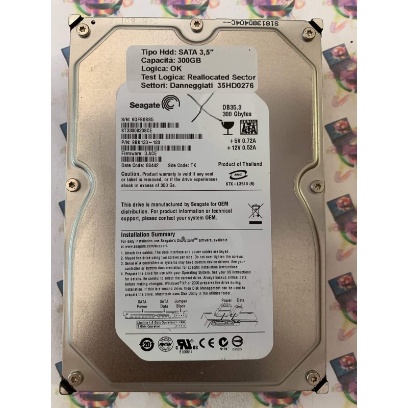 Hard Disk Usato Semifunzionante SATA 3,5" 300gb SEAGATE ST3300820SCE 9BK133-180 3.ACE 08422 TK