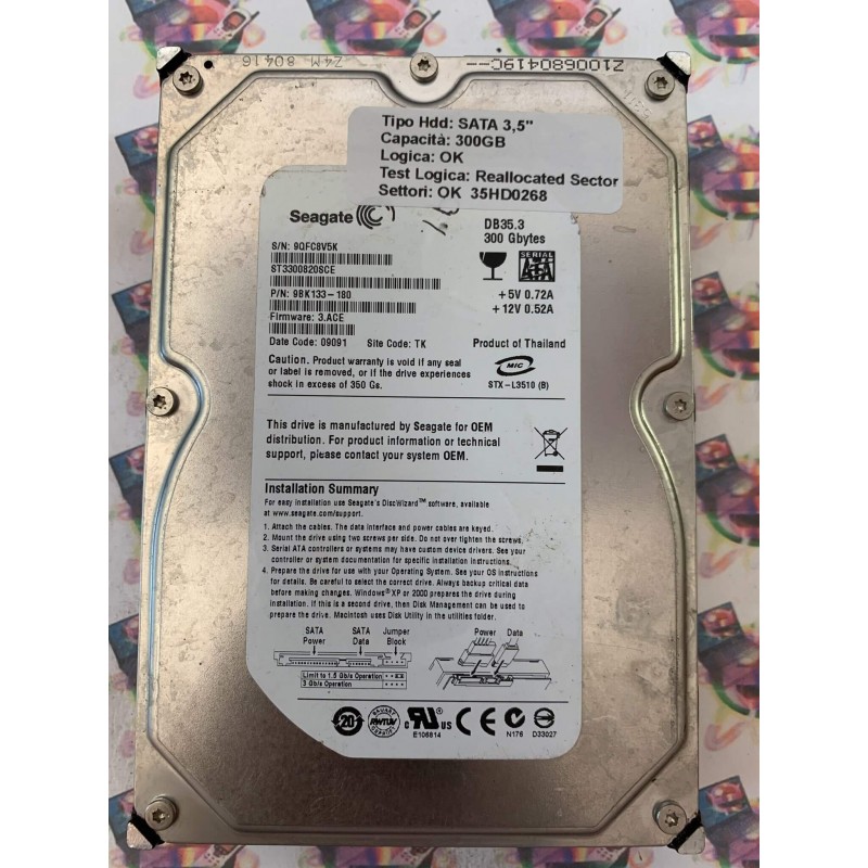 Hard Disk Usato Semifunzionante SATA 3,5" 300gb SEAGATE ST3300820SCE 9BK133-180 3.ACE 09091 TK