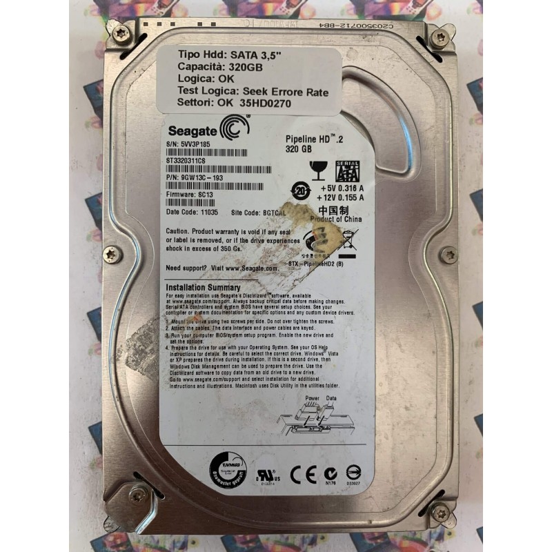 Hard Disk Usato Semifunzionante SATA 3,5" 320gb SEAGATE ST3320311CS 9GW13C-193 SC13 11035 BGTCAL