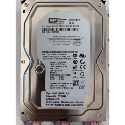Hard Disk Usato Semifunzionante SATA 3,5" 320gb WESTERN DIGITAL WD3200AVJS WD3200AVJS-63B6A0 HHNNNT2CCHN 701537 05 FEB 2009