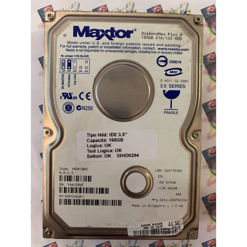 Hard Disk Usato Funzionante 100% Ok IDE 3,5" 160gb MAXTOR 6Y160P0042811 YAR41BW0 320173056 23 APR 2004