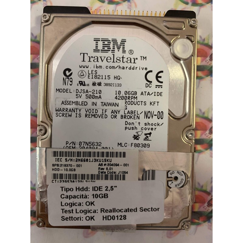 Hard Disk Usato Semifunzionante IDE 2,5" 10GB IBM DJSA-210 07N5632 F80309 NOV-00