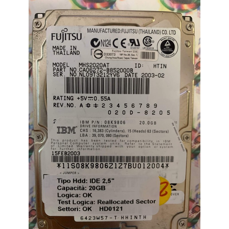 Hard Disk Usato Semifunzionante IDE 2,5" 20GB FUJITSU MHS2020AT CA06272-B852000B 2003-02