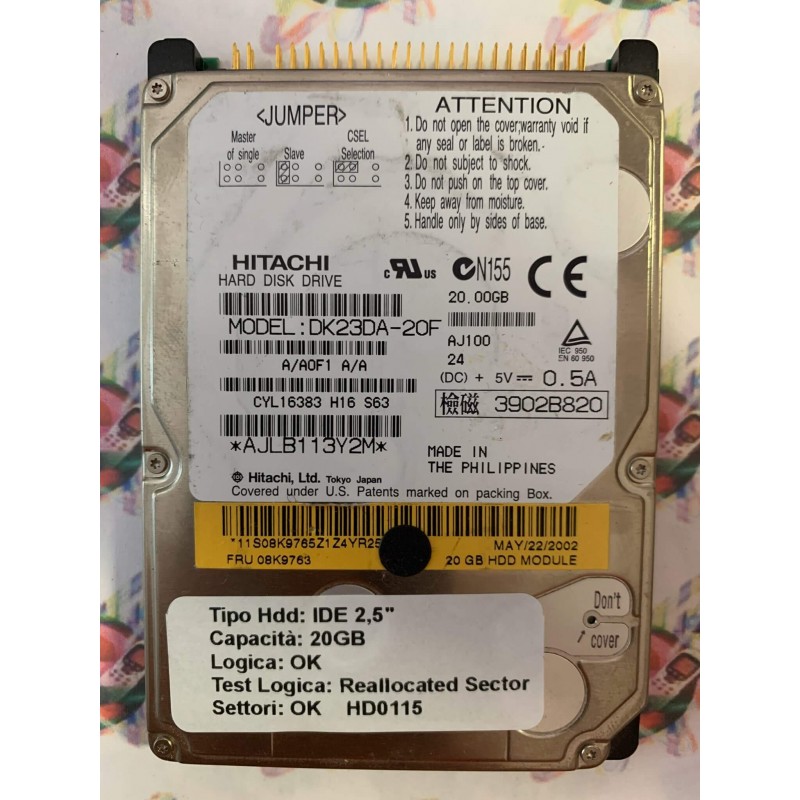 Hard Disk Usato Semifunzionante IDE 2,5" 20GB HITACHI DK23DA-20F A/A0F1 A/A AJ100 CYL16383 H16 S63