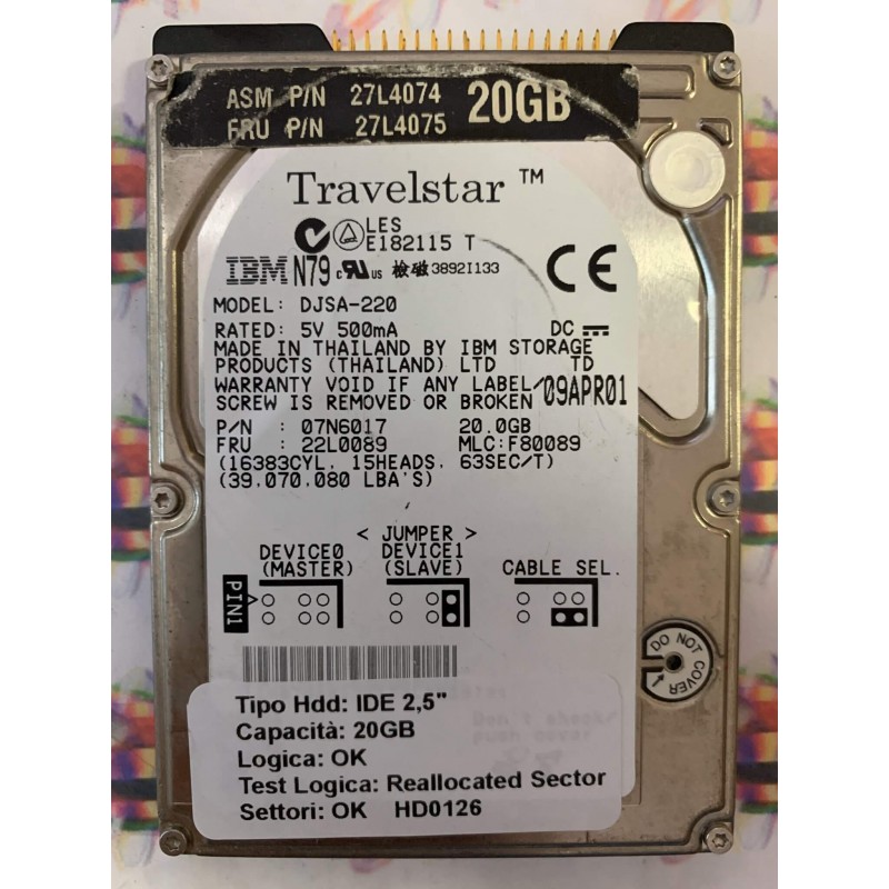Hard Disk Usato Semifunzionante IDE 2,5" 20GB IBM DJSA-220 07N6017 22L0089 09APR01