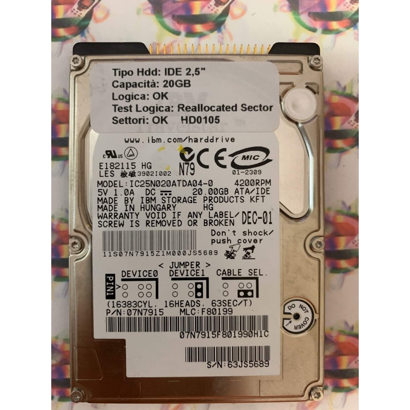 Hard Disk Usato Semifunzionante IDE 2,5" 20GB IBM IC25N020ATCS04-0 07N7915 F80199