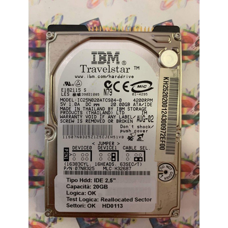Hard Disk Usato Semifunzionante IDE 2,5" 20GB IBM IC25N020ATCS04-0 07N8325 H32687 AUG-02