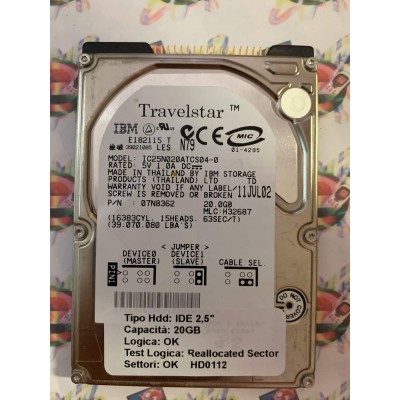 Hard Disk Usato Semifunzionante IDE 2,5" 20GB IBM IC25N020ATCS04-0 07N8362 H32687 11JUL02