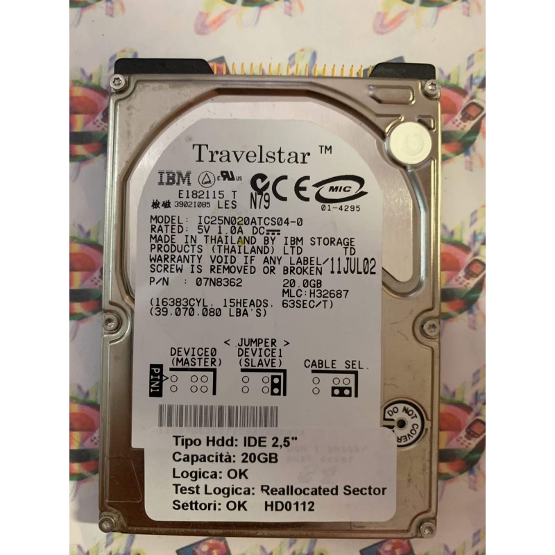 Hard Disk Usato Semifunzionante IDE 2,5" 20GB IBM IC25N020ATCS04-0 07N8362 H32687 11JUL02
