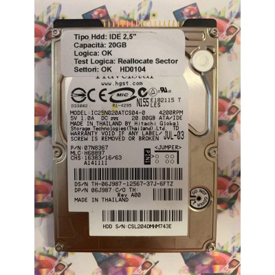 Hard Disk Usato Semifunzionante IDE 2,5" 20GB IBM IC25N020ATCS04-0 07N8367 H68897