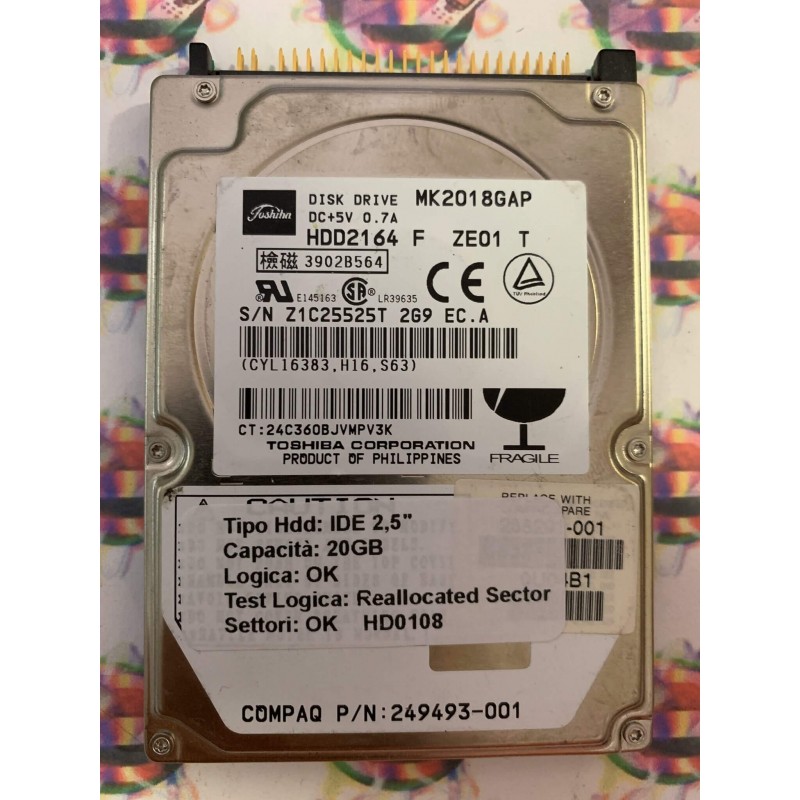 Hard Disk Usato Semifunzionante IDE 2,5" 20GB TOSHIBA MK2018GAP HDD2164 F ZE01 T 249493-001