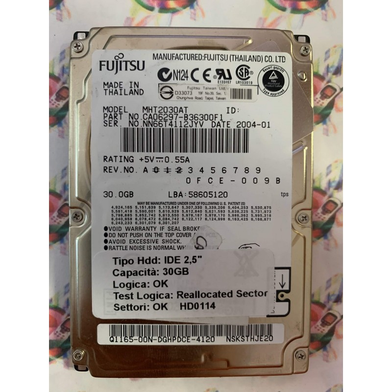 Hard Disk Usato Semifunzionante IDE 2,5" 30GB FUJITSU MHT2030AT CA06297-B36300F1 2004-01