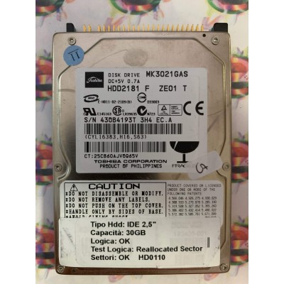 Hard Disk Usato Semifunzionante IDE 2,5" 30GB TOSHIBA MK3021GAS HDD2181 F ZE01 T 4H4 EC.A