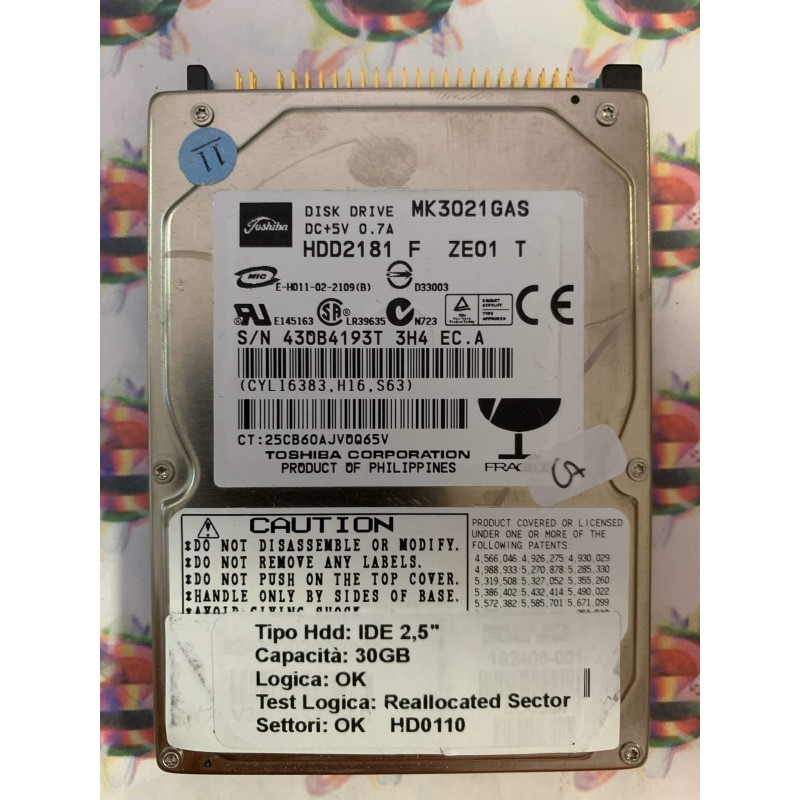 Hard Disk Usato Semifunzionante IDE 2,5" 30GB TOSHIBA MK3021GAS HDD2181 F ZE01 T 4H4 EC.A