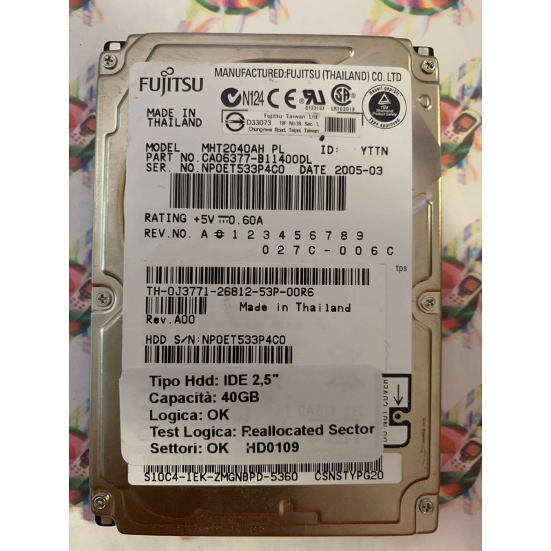 Hard Disk Usato Semifunzionante IDE 2,5" 40GB FUJITSU MHT2040AH CAO6377-B11400DL 2005-03