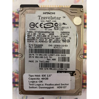 Hard Disk Usato Semifunzionante IDE 2,5" 40GB HITACHI HTS548040M9AT00 08K0856 H69553 A141111 MAR-04