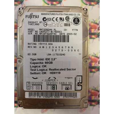 Hard Disk Usato Semifunzionante IDE 2,5" 60GB FUJITSU MHT2060AH CA06377-B17600C1 2005-02