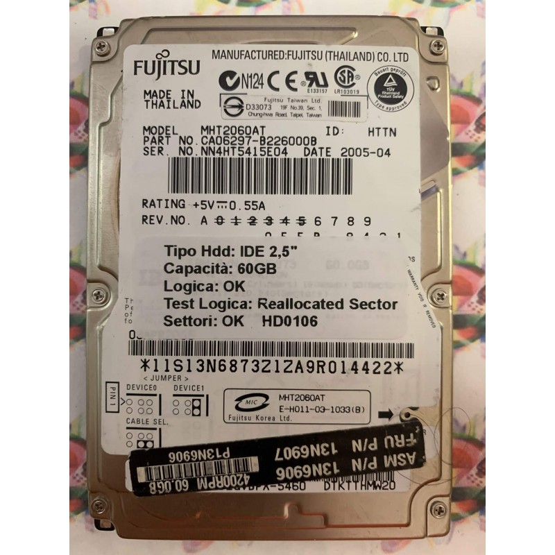 Hard Disk Usato Semifunzionante IDE 2,5" 60GB FUJITSU MHT2060AT CA06297-B226000B 2005-04