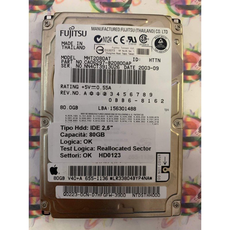 Hard Disk Usato Semifunzionante IDE 2,5" 80GB FUJITSU MHT2080AT CA06297-B20800AP 2003-09
