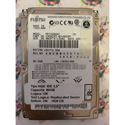 Hard Disk Usato Semifunzionante IDE 2,5" 80GB FUJITSU MHT2080AT CA06297-B31800SP 2004-07