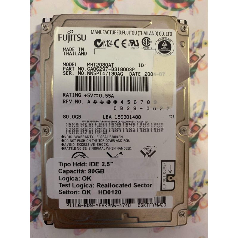 Hard Disk Usato Semifunzionante IDE 2,5" 80GB FUJITSU MHT2080AT CA06297-B31800SP 2004-07