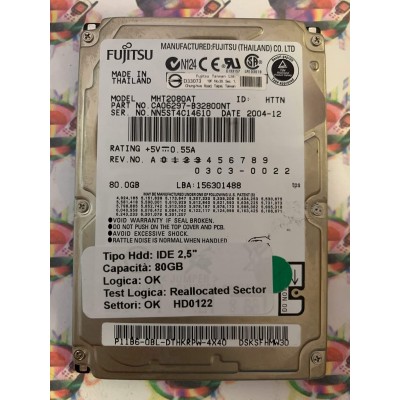 Hard Disk Usato Semifunzionante IDE 2,5" 80GB FUJITSU MHT2080AT CA06297-B32800NT 2004-12