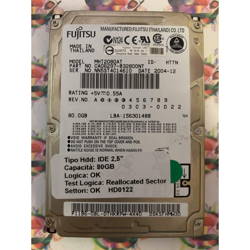 Hard Disk Usato Semifunzionante IDE 2,5" 80GB FUJITSU MHT2080AT CA06297-B32800NT 2004-12