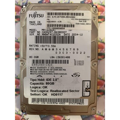 Hard Disk Usato Semifunzionante IDE 2,5" 80GB FUJITSU MHT2080AT CA06297-B438000T 2004-12