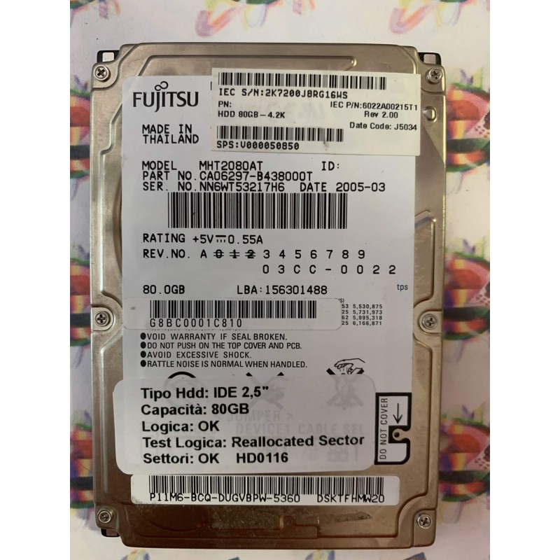 Hard Disk Usato Semifunzionante IDE 2,5" 80GB FUJITSU MHT2080AT CA06297-B438000T 2005-03