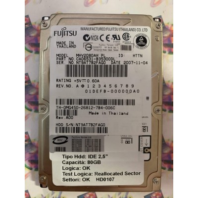 Hard Disk Usato Semifunzionante IDE 2,5" 80GB FUJITSU MHV2080AH CA06531-B35300DL 2007-11-04